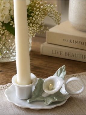 Porcelain Flower Candle Holder with Pale Green Leaves and White Cup